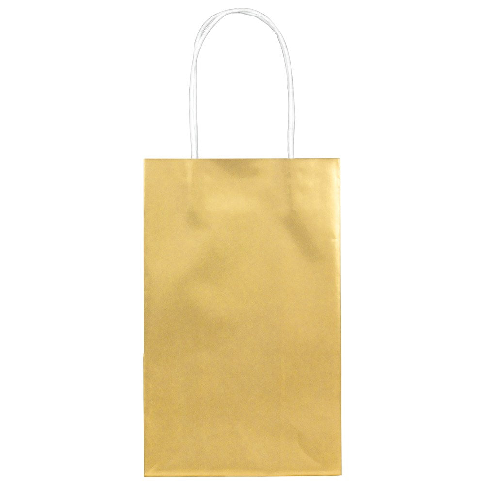 Small rectangular gold paper gift bag with white twisted handles, smooth finish.
