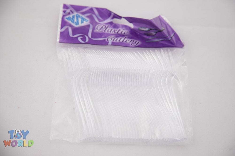 Clear plastic mini dessert forks, 4 inches long, packaged in a 36-count bag with purple label.