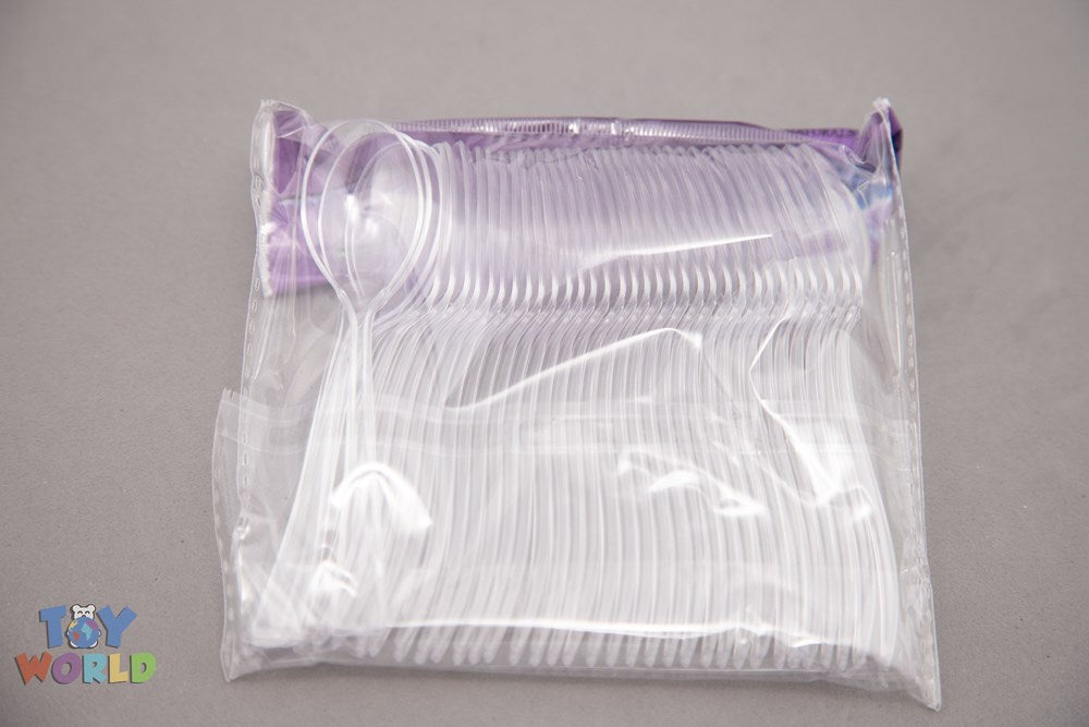 Clear plastic mini dessert spoons with rounded handles, packaged in a stack of 36.