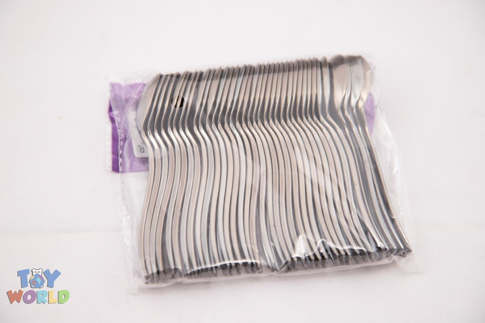 Set of 36 shiny silver 4-inch mini dessert spoons with rounded handles in clear plastic packaging.