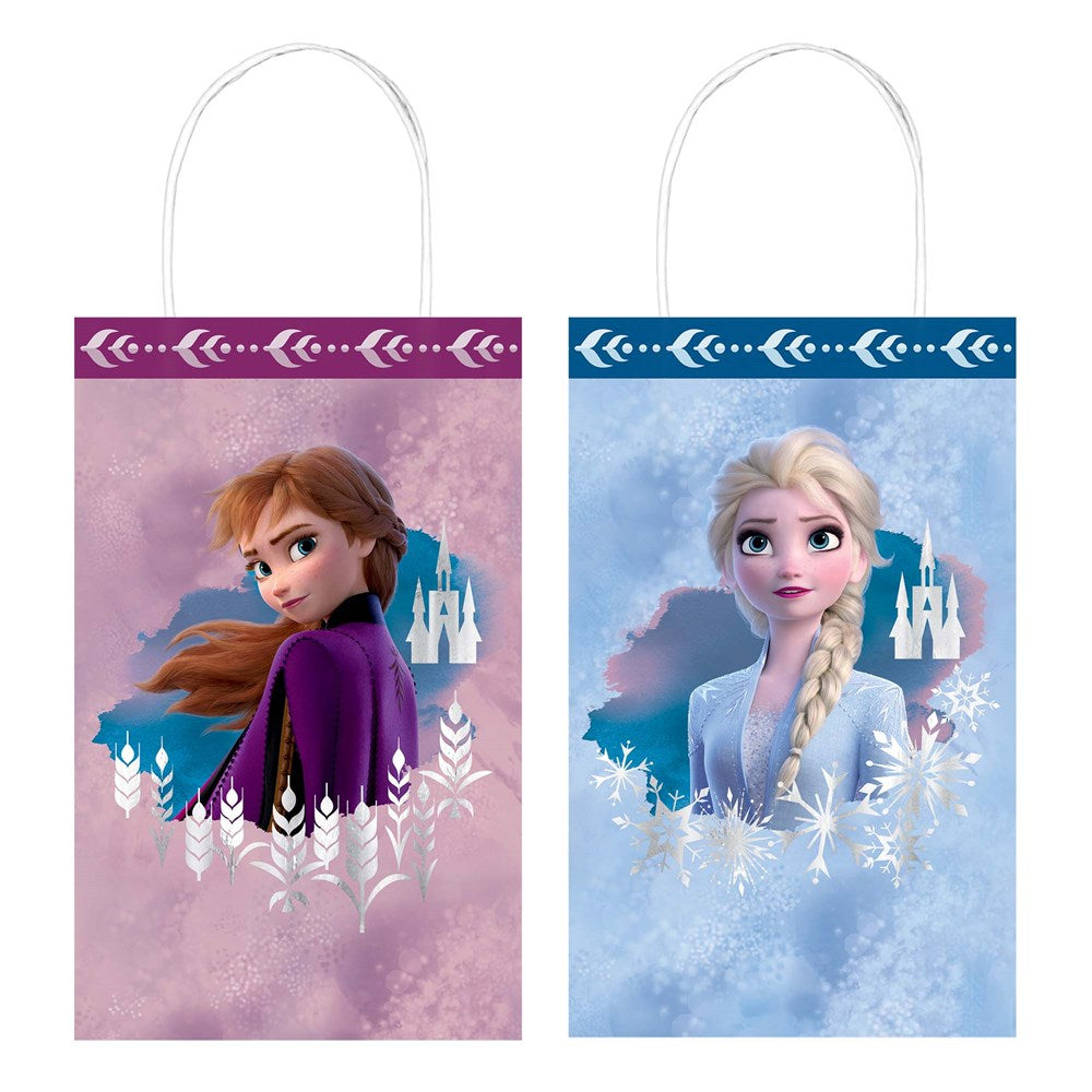 Two rectangular kraft paper bags with white handles featuring Disney Frozen 2 characters Anna in purple and Elsa in blue,.