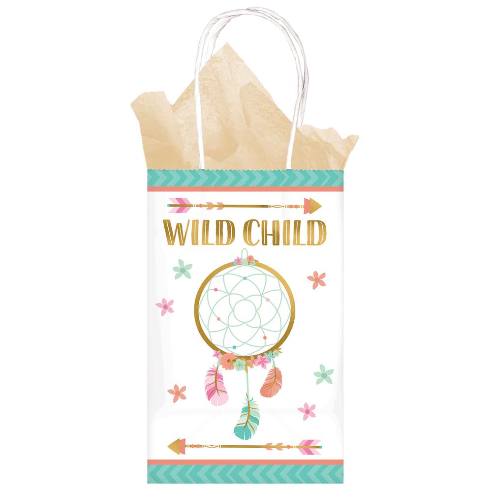 White gift bag with twisted handles, decorated with a colorful dreamcatcher, pink tissue paper, and "Wild Child" text in.