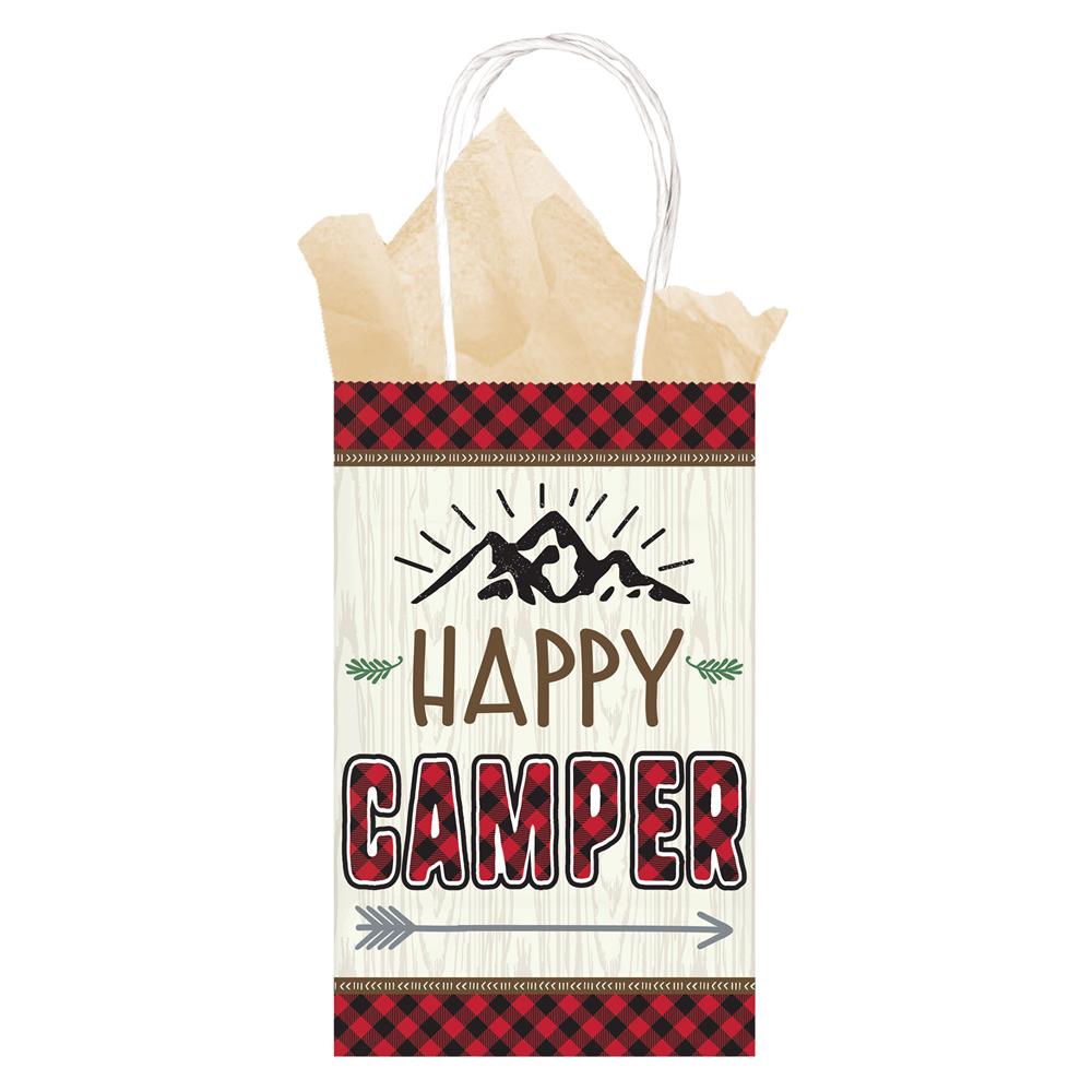 Small gift bag with white wood plank background, red and black buffalo plaid borders, and "Happy Camper" text featuring.