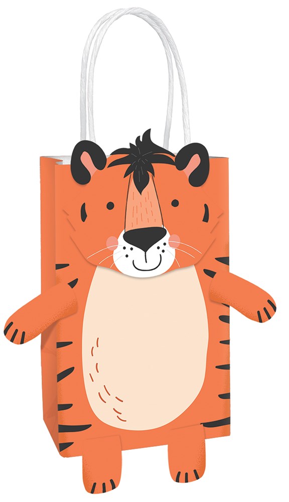 Orange tiger-shaped paper gift bag with black stripes, white belly, and white twisted handles.