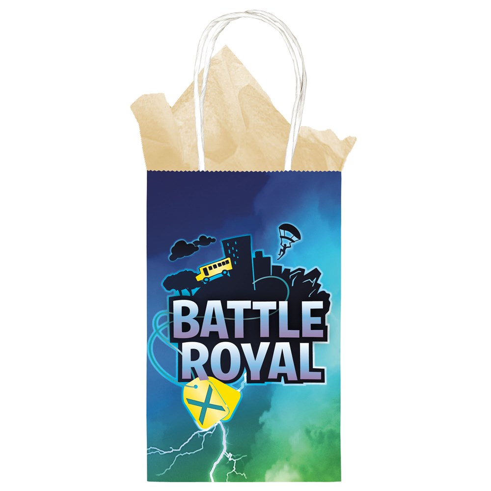 Blue and green superhero-themed kraft gift bag with "Battle Royal" text and castle graphic.
