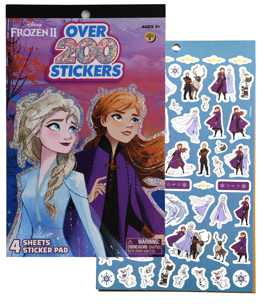 Frozen 2 sticker pad with over 200 colorful stickers featuring Elsa, Anna, Olaf, and themed elements on four sheets.