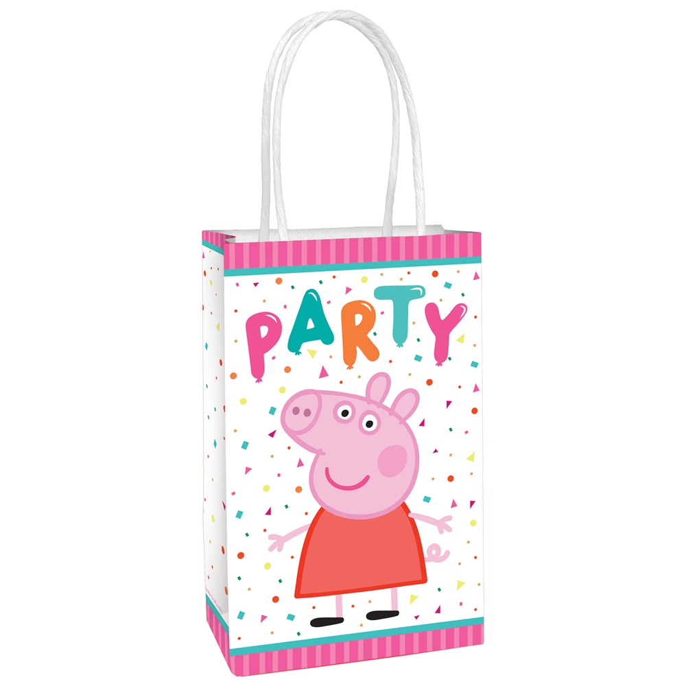 White kraft paper party bag with Peppa Pig illustration wearing a red dress, colorful confetti, and the word "PARTY" in.