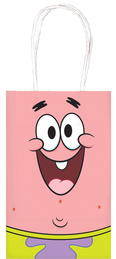 Pink paper kraft bag with Patrick Star’s smiling face and twisted white handles.