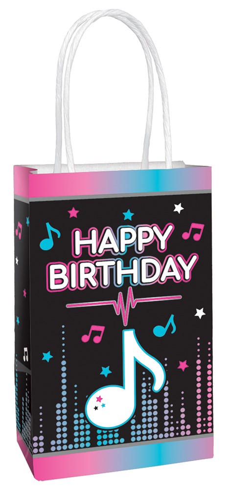 Black kraft birthday gift bag with colorful musical notes, "Happy Birthday" text, and white handles.
