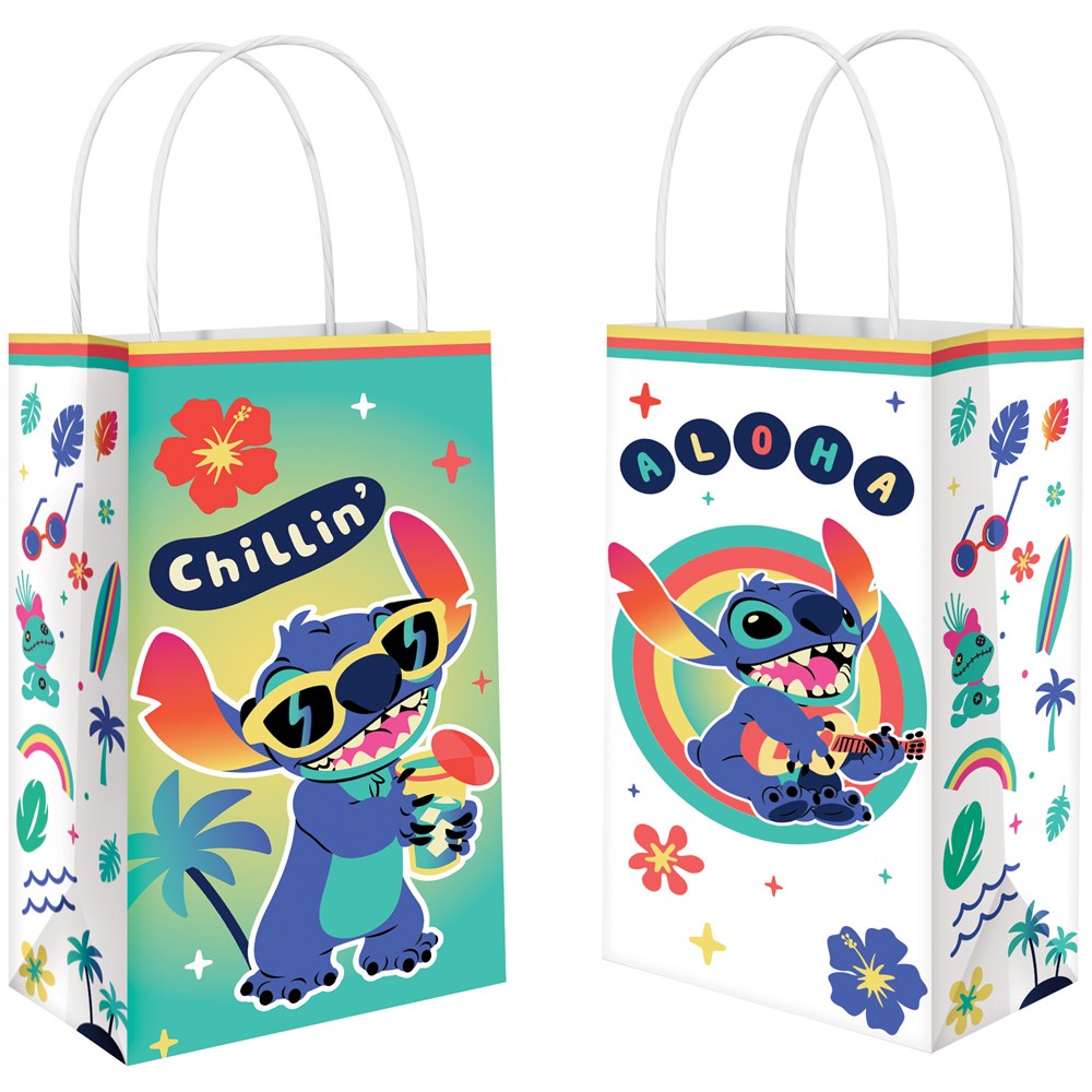 Two tall paper kraft bags featuring colorful Stitch designs with tropical flowers, palm trees, and "Chillin'" and "Aloha".