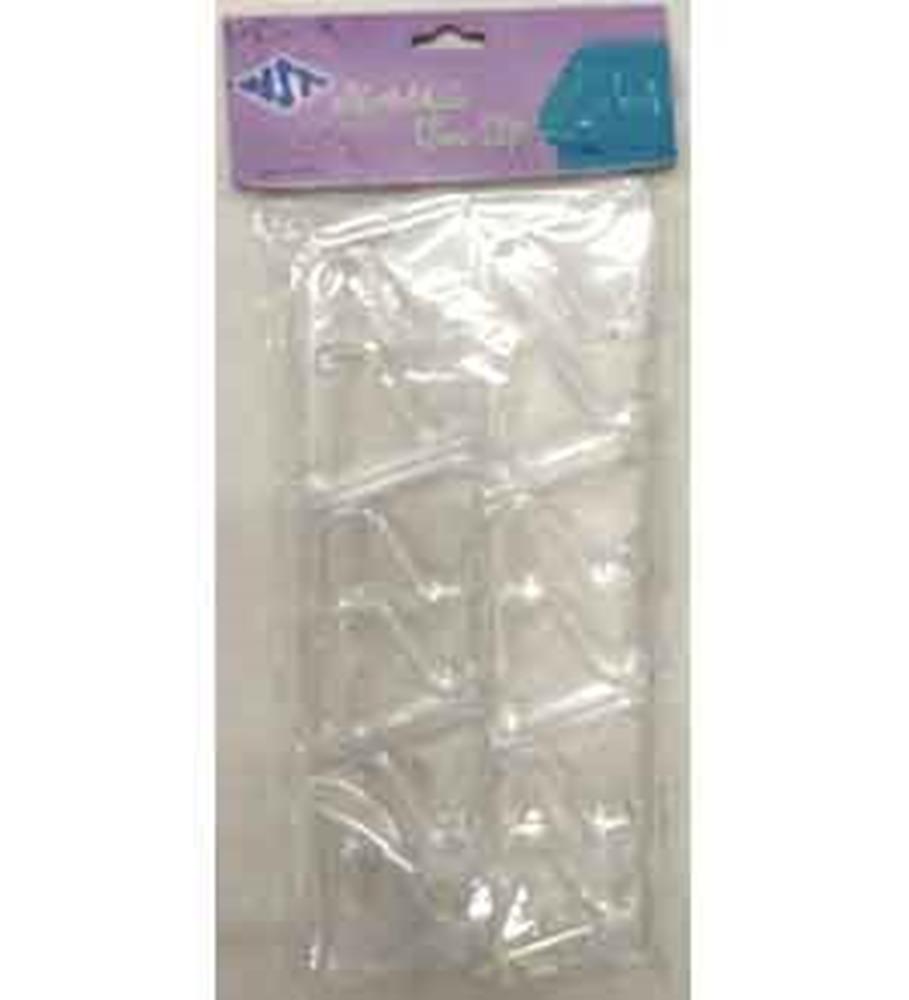 Clear plastic tablecover clips in rectangular 12-piece pack with purple and teal header card.
