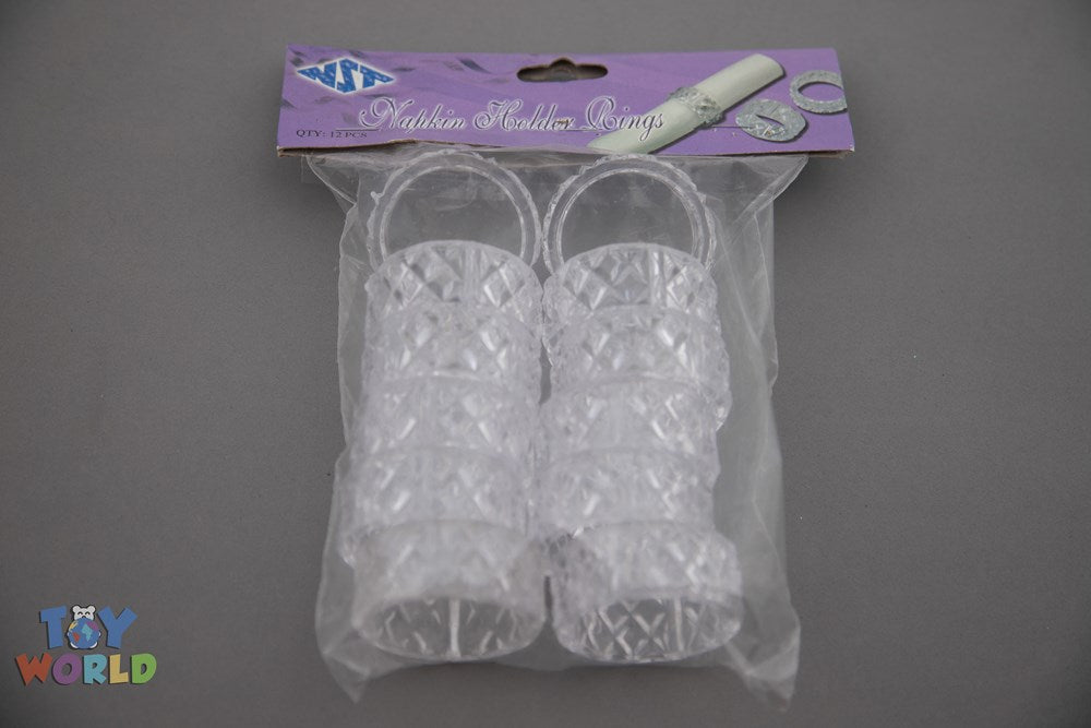 Set of twelve clear plastic napkin holder rings with a geometric diamond pattern, 2 inches wide, packaged in a clear bag.