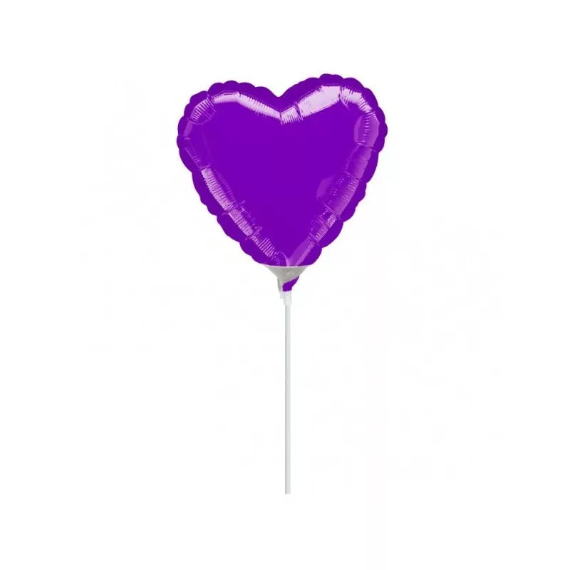 4-inch shiny purple foil heart-shaped balloon on white stick.