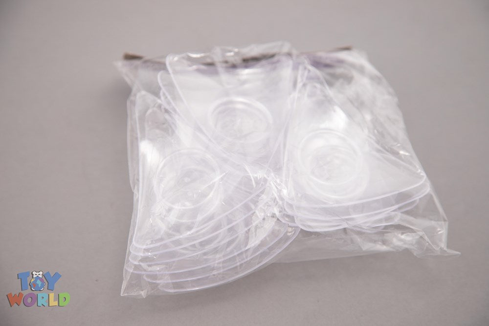 Set of clear, triangular mini dessert plates made of transparent plastic, 3.75 inches each, stacked and packaged in plastic.