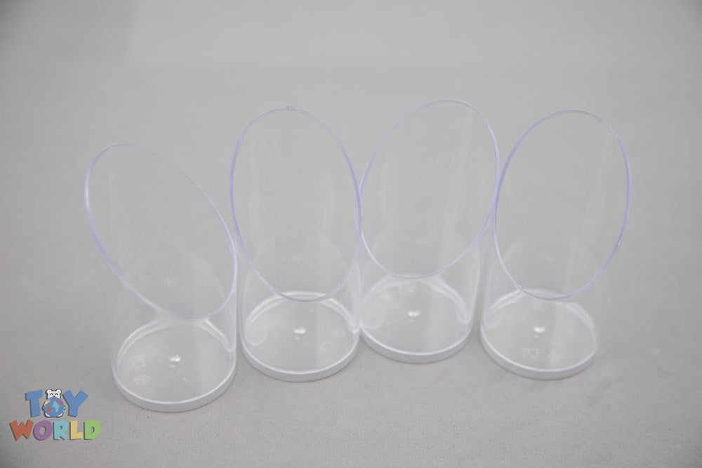 Set of four clear cylindrical plastic dessert containers, each with a round shape and 3-inch height, with removable lids.
