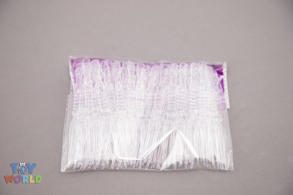 Pack of 80 clear plastic dessert forks, 3.5 inches long, neatly stacked in rectangular packaging.