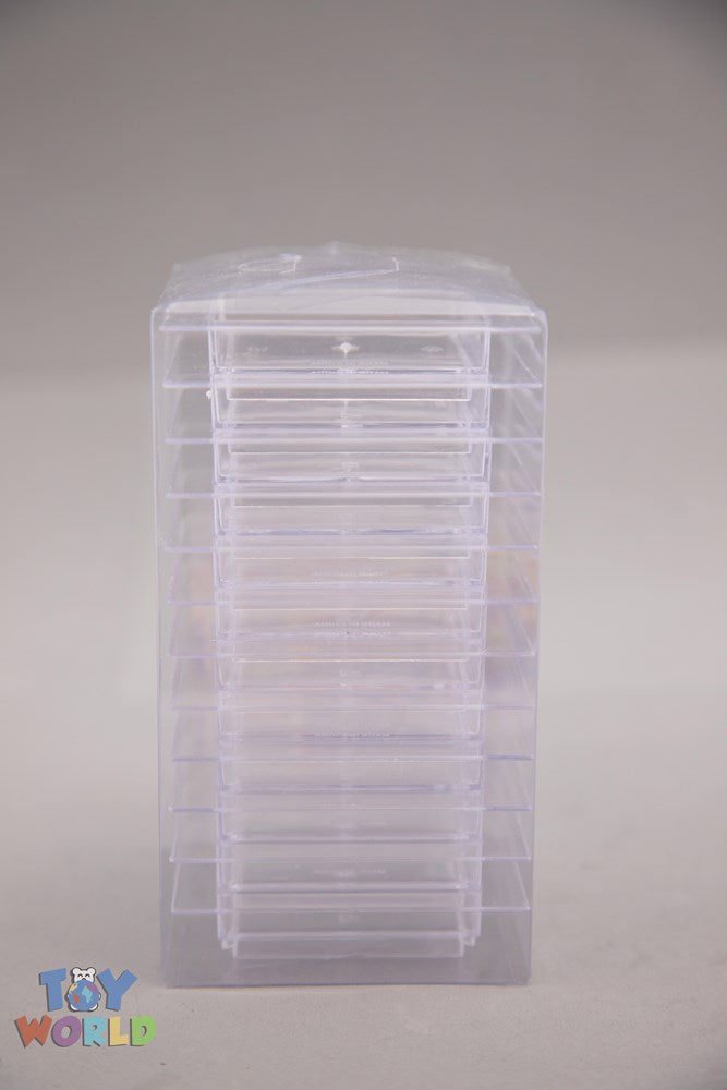 Clear plastic square dessert trays stacked in a tall pile, each tray measuring approximately 2.75 inches.