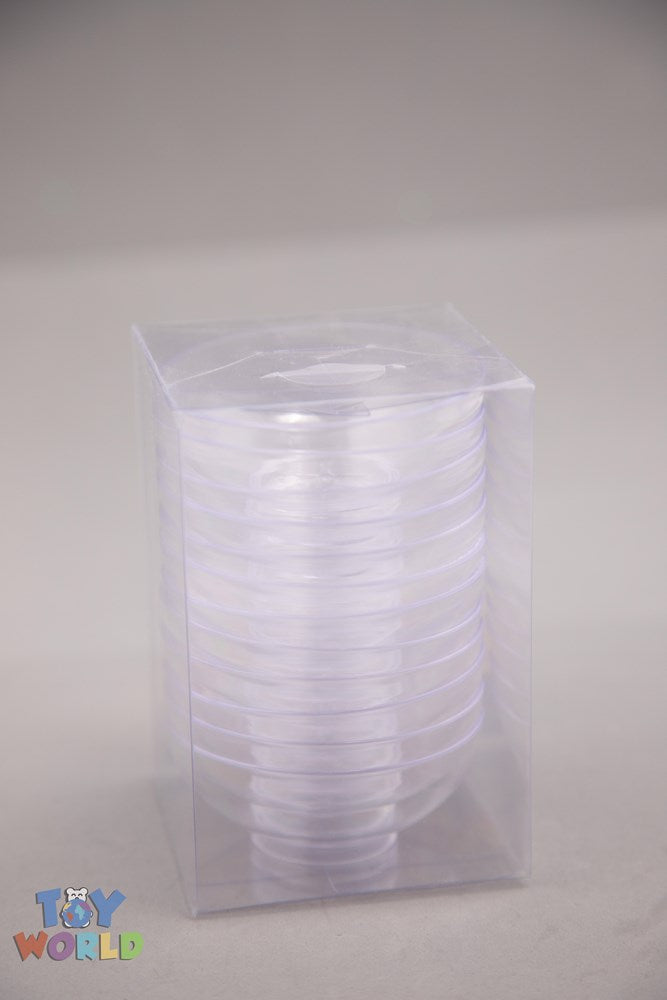 Clear plastic dessert bowls stacked inside a transparent rectangular box, each bowl measuring 2.75 inches in diameter.