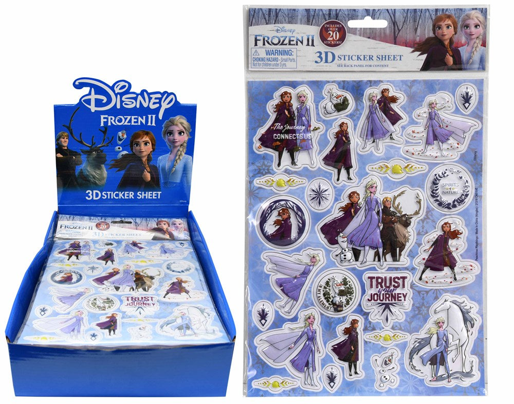 Frozen 2 themed raised sticker sheet featuring colorful characters and snowflake designs on a transparent background.