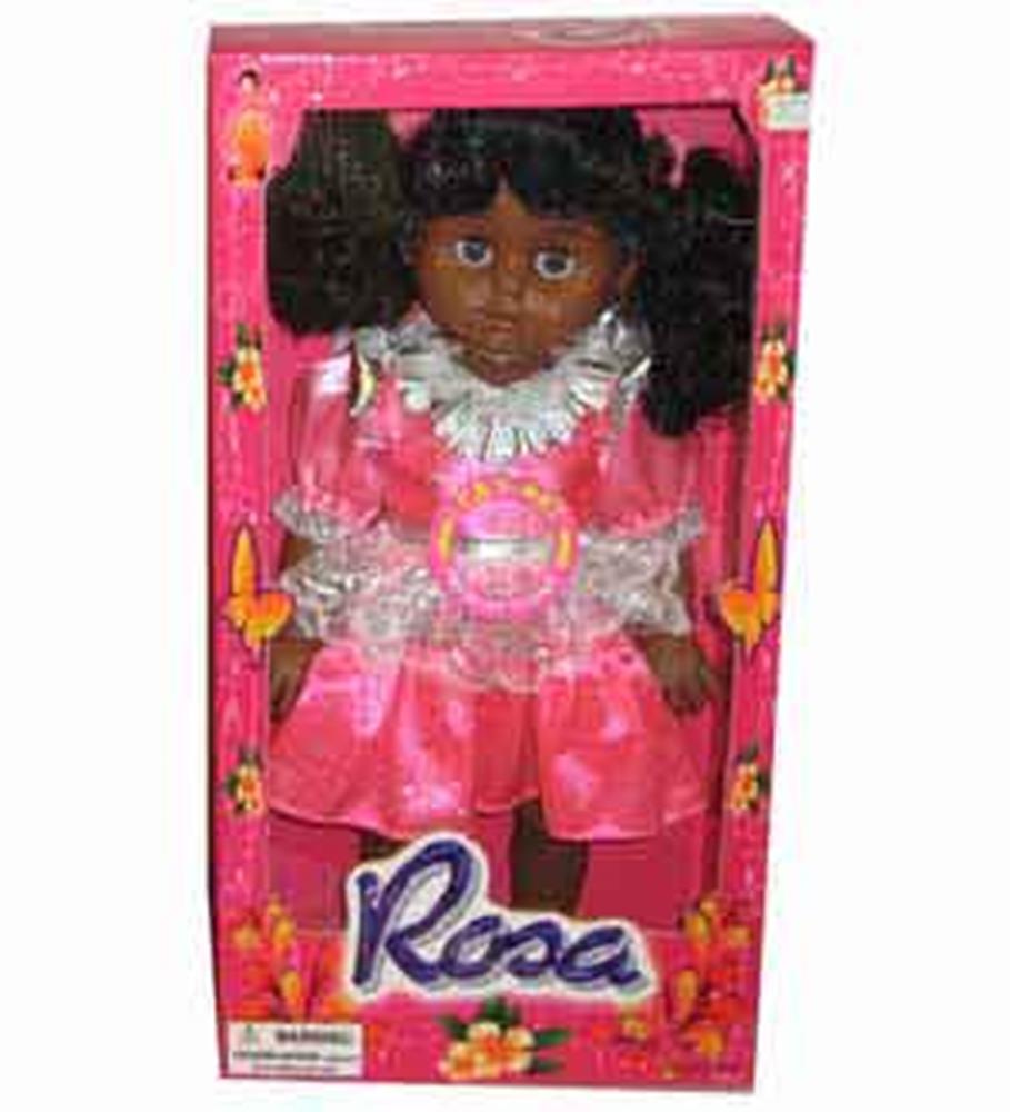 16-inch dark-skinned doll with curly black hair wearing a shiny pink dress with white lace trim, packaged in a pink box.