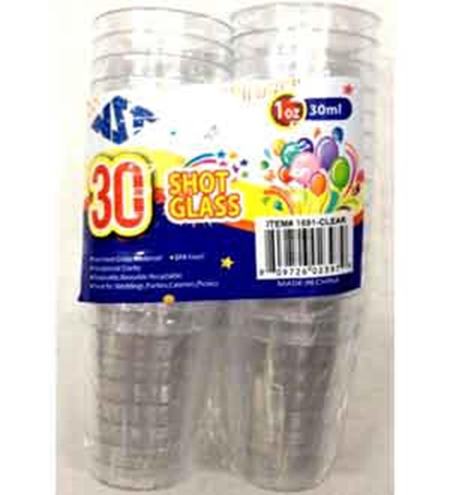 Stack of clear plastic shot glasses, each 1oz capacity, smooth rim, cylindrical shape.