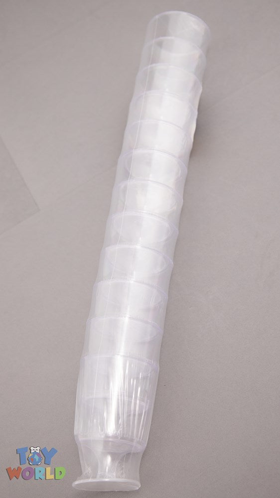 Stack of clear plastic dessert glasses, 3.25 inches tall, smooth cylindrical shape, transparent material.