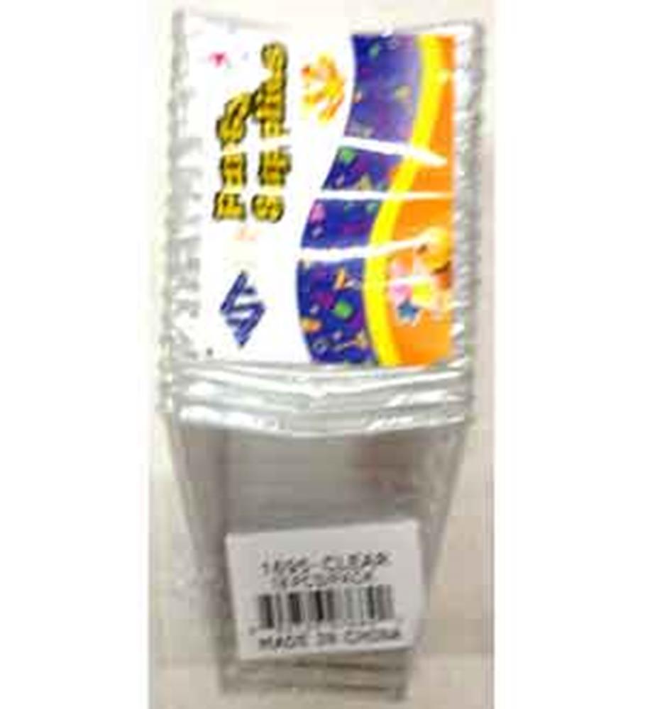 Clear trapezoid-shaped plastic dessert bowls stacked with colorful label on top.