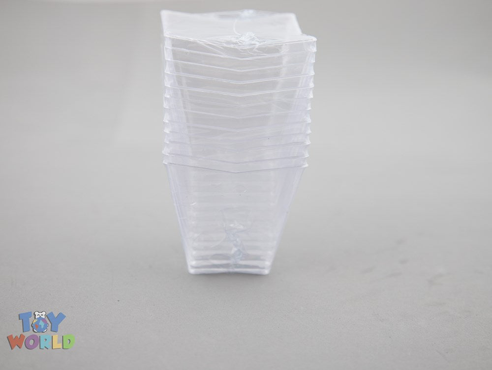 Stack of clear trapezoid-shaped plastic dessert bowls with smooth edges and flat bases.