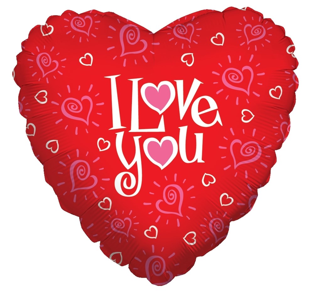Red heart-shaped foil balloon with white "Love You" text and small heart patterns, 18 inches.
