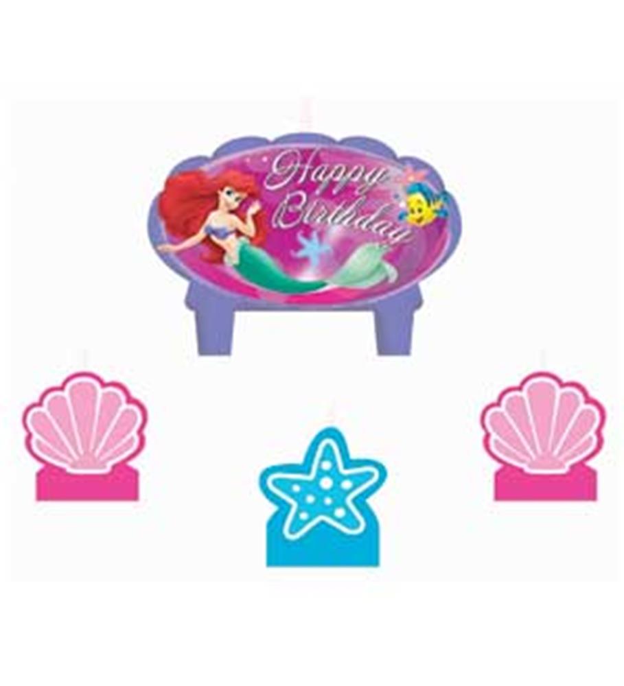 Set of four Little Mermaid-themed mini candles with Ariel, pink seashells, and a blue starfish designs.