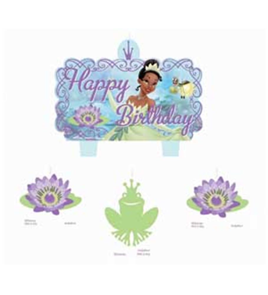 Princess and The Frog themed birthday candle featuring Tiana, lily pads, and a green frog design.