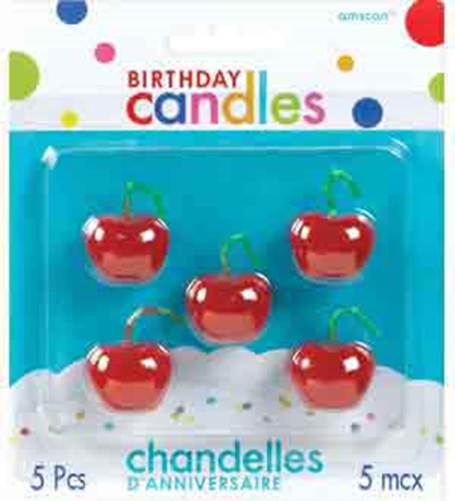 Set of five molded birthday candles shaped like shiny red cherries with green stems in colorful polka dot packaging.