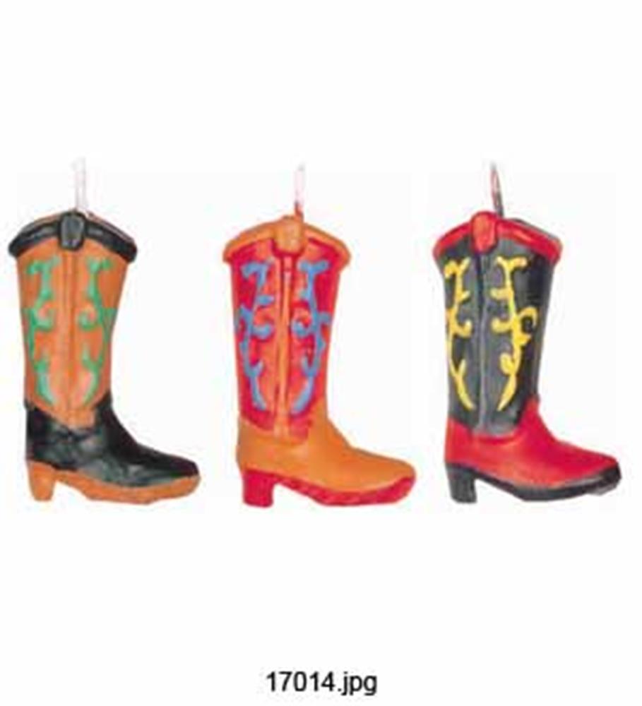 Three colorful cowboy boot mini candles in green and black, orange and red, and black and red with decorative patterns.