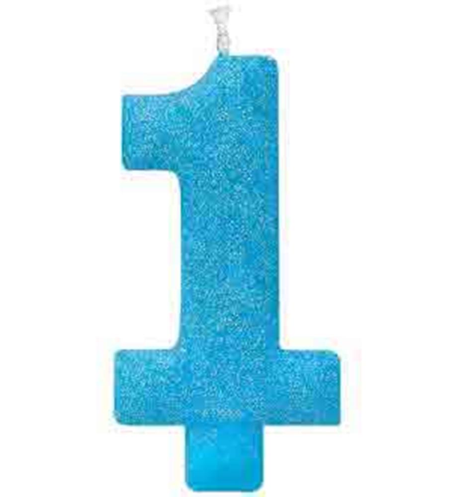 Blue glitter number one birthday candle with white wick on top.