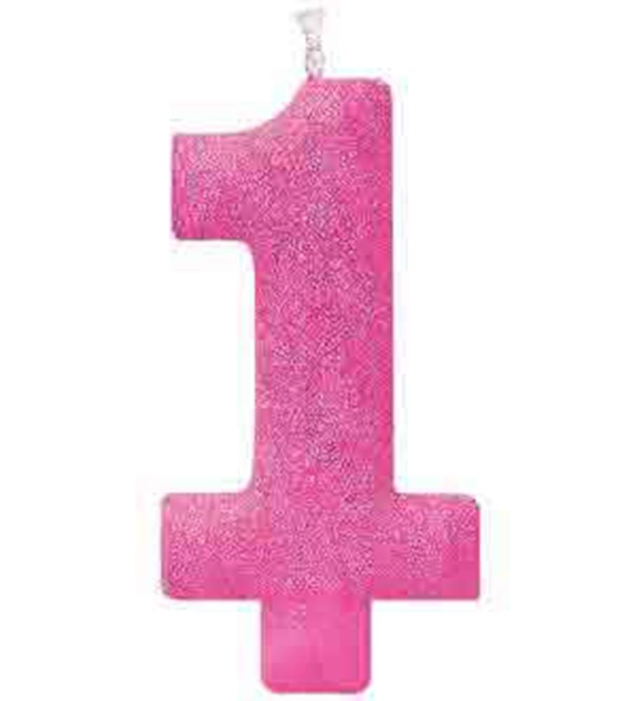 Pink glitter number 1 birthday candle with white wick and block style design.