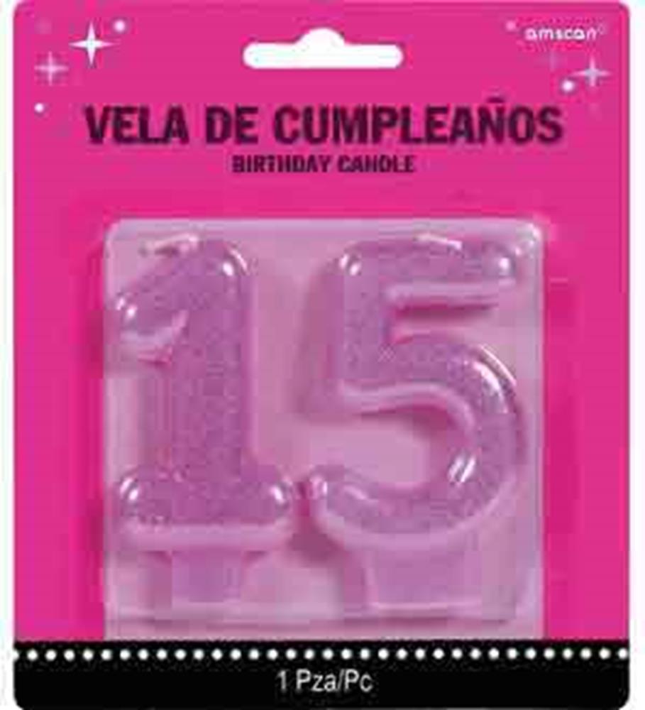 Pink glitter number 15 birthday candle in clear plastic packaging with Spanish text.