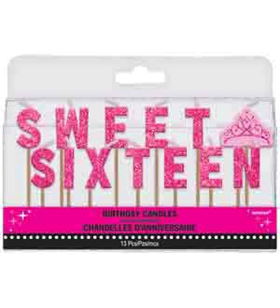 Pink glittery "Sweet Sixteen" letter candles on wooden sticks with a pink tiara candle in clear packaging.