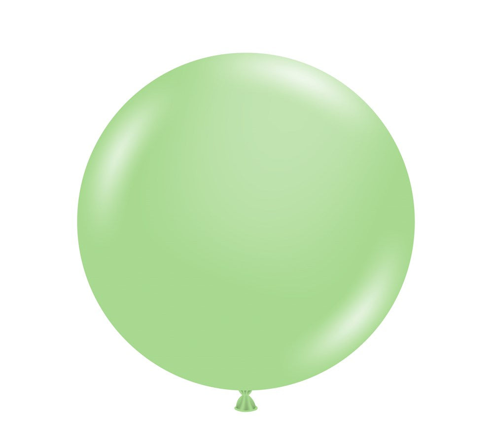 Large round mint green latex balloon, 17 inches inflated, smooth surface and tied end.