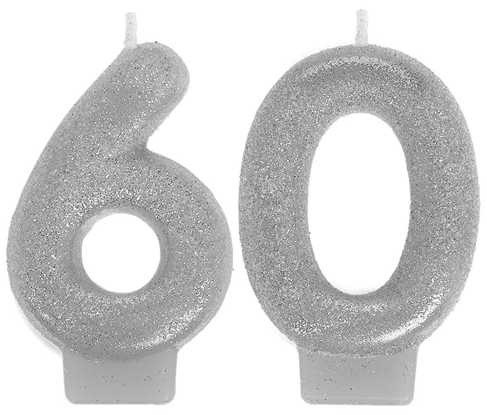 Silver glittery number 6 and 0 birthday candles with white wicks.