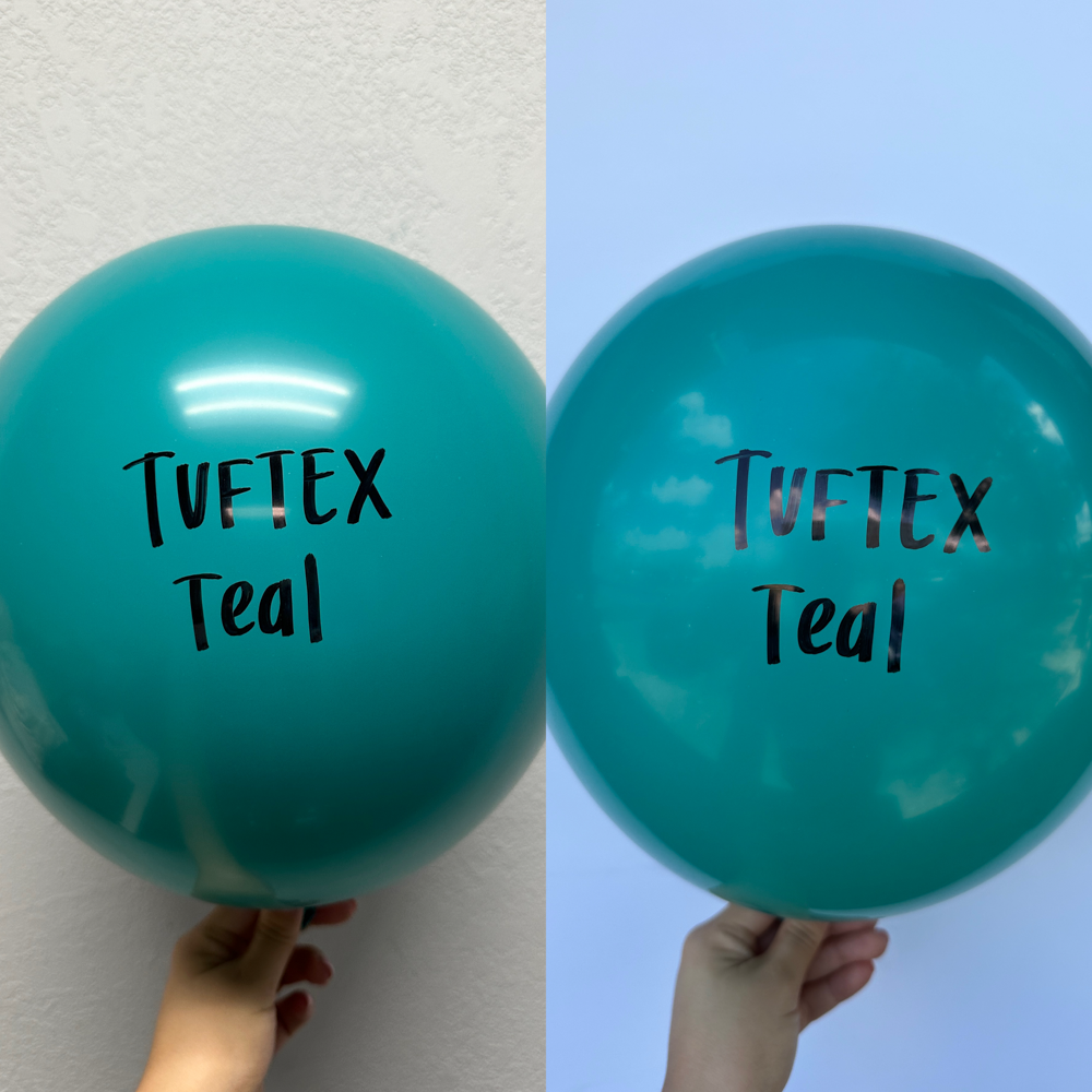 Glossy teal latex balloons, 17 inches, round shape, with black "TUF TEX Teal" text.