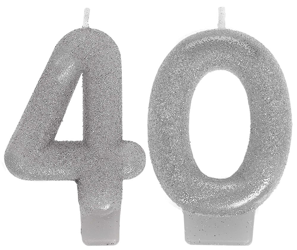 Silver glitter number 40 birthday candles with white wicks, two-pack.