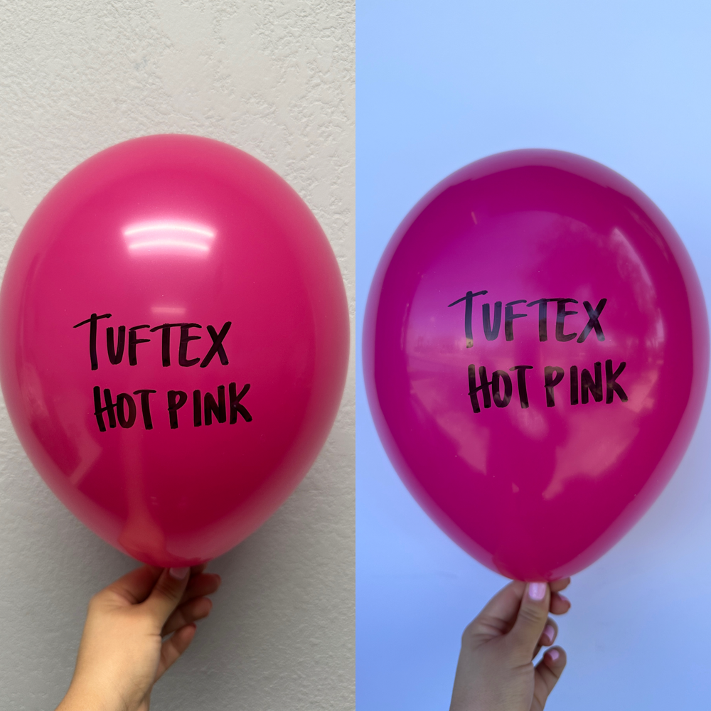 Bright hot pink latex balloon with glossy finish, oval shape, 17 inches, "Tuftex Hot Pink" text printed in black.