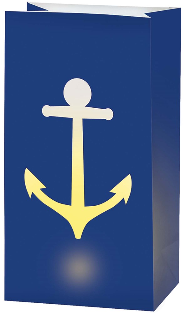 Set of six navy blue LED luminary bags with glowing yellow anchor design for summer parties.