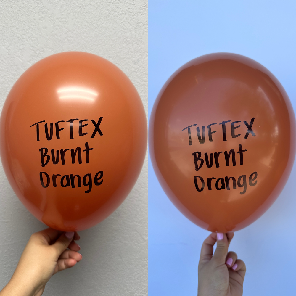 Set of two burnt orange latex balloons, 17 inches, with black "Tuftex Burnt Orange" text, glossy finish.