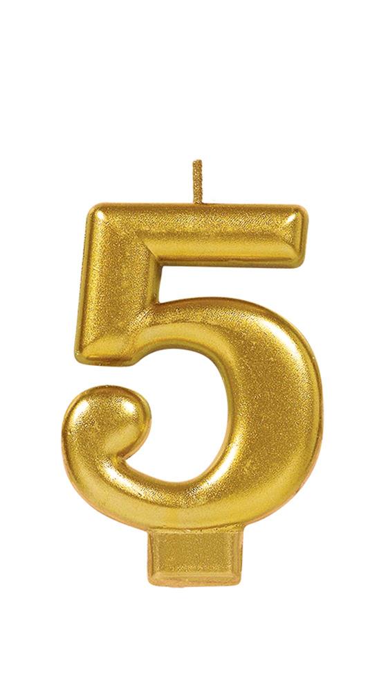 Metallic gold numeral 5 birthday candle with wick and flat base.