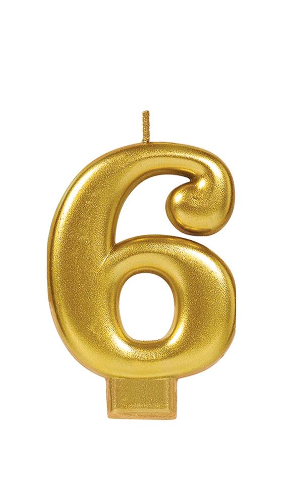 Metallic gold numeral 6 birthday candle with wick and flat base.