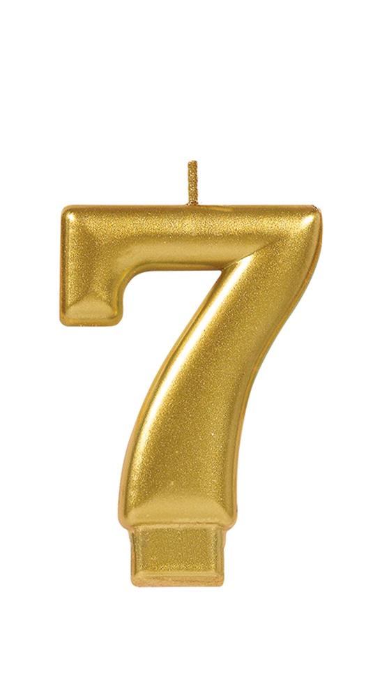 Metallic gold number 7 candle with wick on top, smooth shiny finish.
