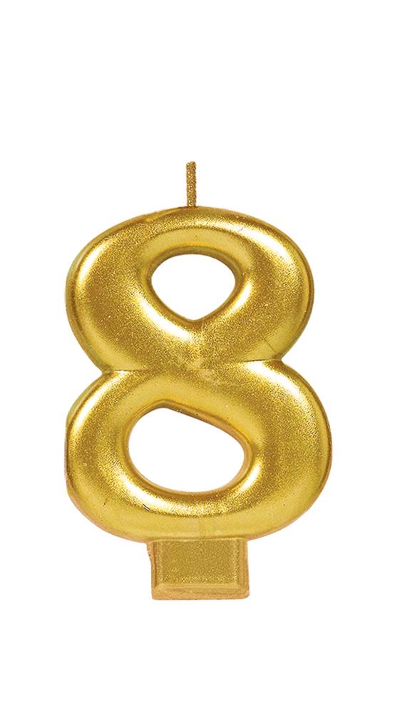 Metallic gold number 8 candle with wick and flat base for cake decoration.
