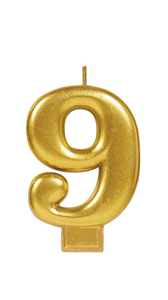 Metallic gold number 9 candle with a wick and flat base for cake decoration.