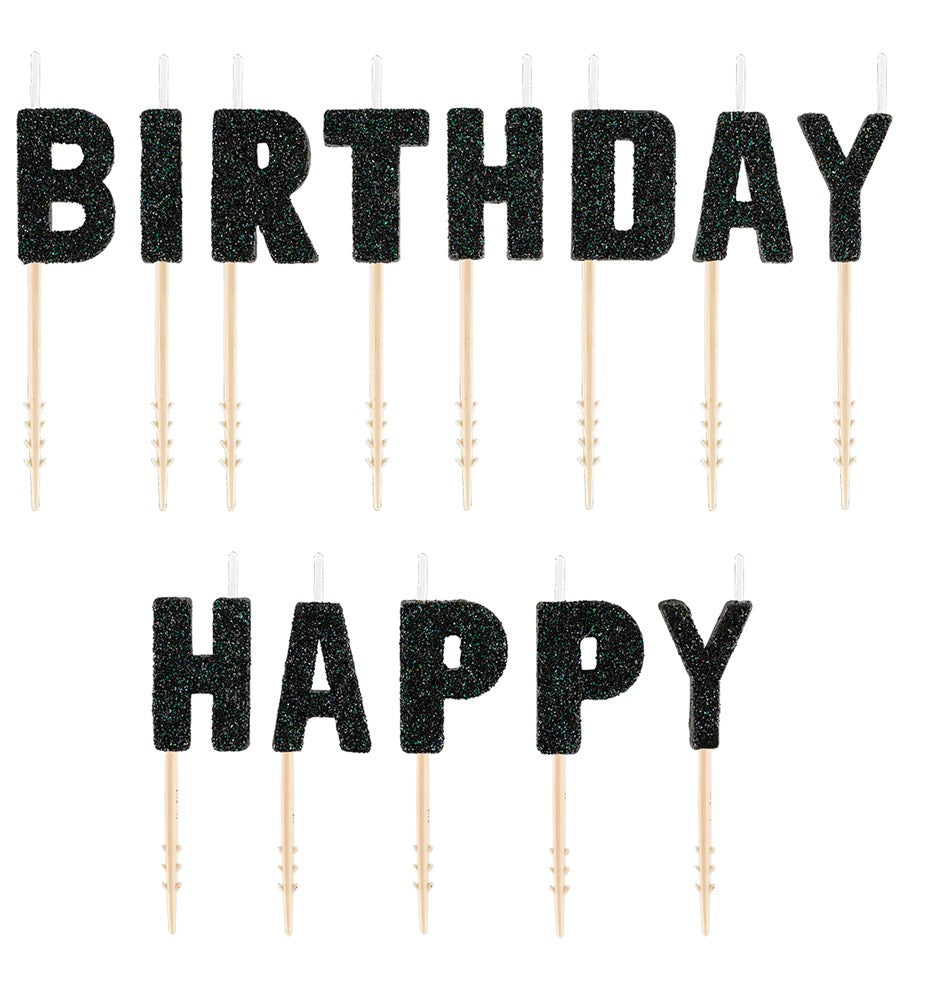 Black glitter letter candles spelling "HAPPY BIRTHDAY" with wooden sticks for cake decoration, 13 pieces.
